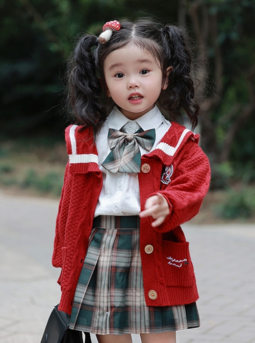 Red Retro Autumn Winter Knitted Sweater Kids Classic Lolita Long-Sleeved Coat