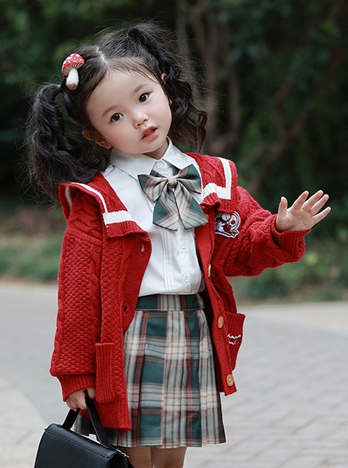 Red Retro Autumn Winter Knitted Sweater Kids Classic Lolita Long-Sleeved Coat