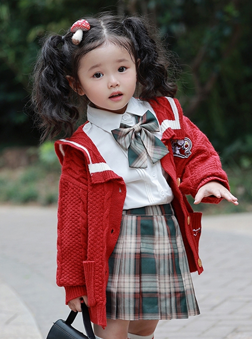 Red Retro Autumn Winter Knitted Sweater Kids Classic Lolita Long-Sleeved Coat