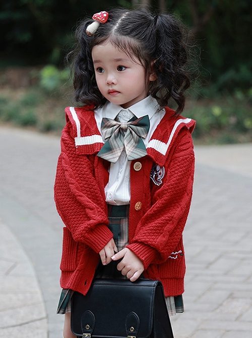 Red Retro Autumn Winter Knitted Sweater Kids Classic Lolita Long-Sleeved Coat