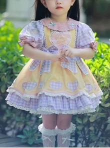 Polka Dot Petal Collar Purple Plaid Bowknot Puff Sleeves Love Lace Hem Design Sweet Lolita Kids Short-Sleeved Dress