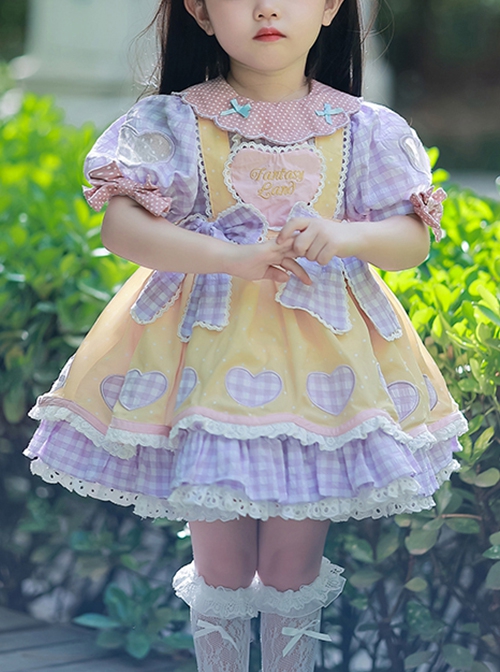 Polka Dot Petal Collar Purple Plaid Bowknot Puff Sleeves Love Lace Hem Design Sweet Lolita Kids Short-Sleeved Dress