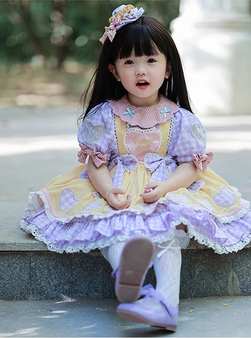 Polka Dot Petal Collar Purple Plaid Bowknot Puff Sleeves Love Lace Hem Design Sweet Lolita Kids Short-Sleeved Dress