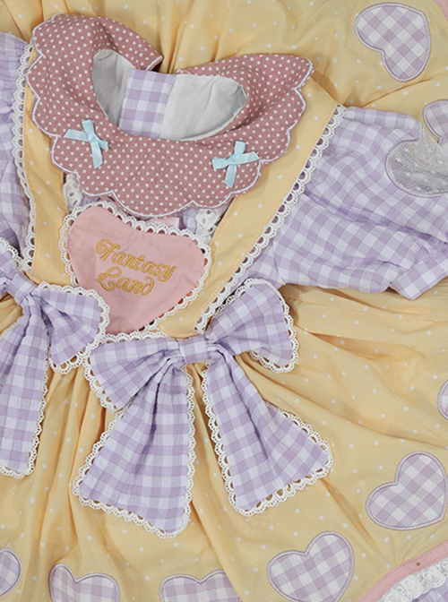 Polka Dot Petal Collar Purple Plaid Bowknot Puff Sleeves Love Lace Hem Design Sweet Lolita Kids Short-Sleeved Dress