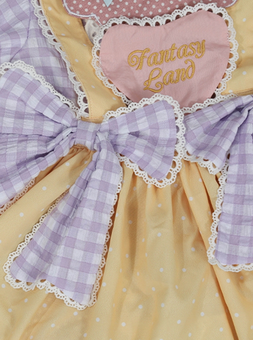 Polka Dot Petal Collar Purple Plaid Bowknot Puff Sleeves Love Lace Hem Design Sweet Lolita Kids Short-Sleeved Dress