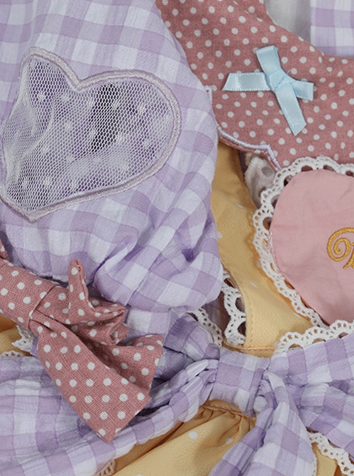 Polka Dot Petal Collar Purple Plaid Bowknot Puff Sleeves Love Lace Hem Design Sweet Lolita Kids Short-Sleeved Dress