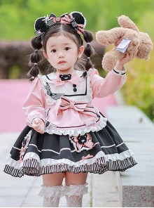 Little Bear Lace Bow Round Neck Puff Sleeves Detachable Apron Classic Lolita Kids Long Sleeve Dress