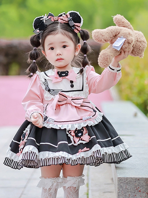 Little Bear Lace Bow Round Neck Puff Sleeves Detachable Apron Classic Lolita Kids Long Sleeve Dress