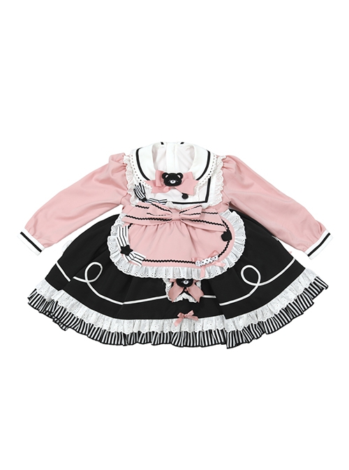 Little Bear Lace Bow Round Neck Puff Sleeves Detachable Apron Classic Lolita Kids Long Sleeve Dress