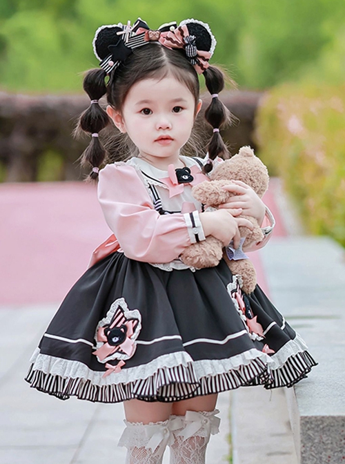 Little Bear Lace Bow Round Neck Puff Sleeves Detachable Apron Classic Lolita Kids Long Sleeve Dress