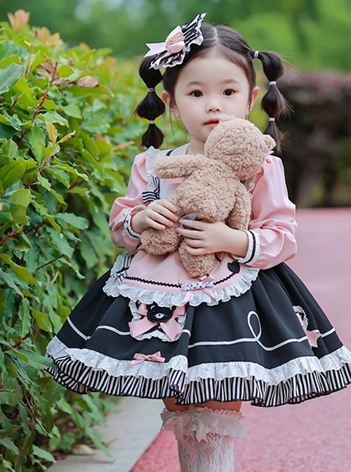 Little Bear Lace Bow Round Neck Puff Sleeves Detachable Apron Classic Lolita Kids Long Sleeve Dress