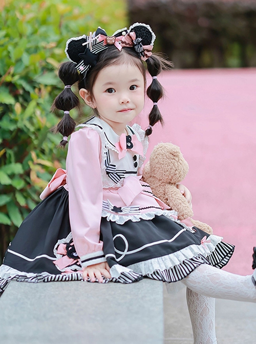 Little Bear Lace Bow Round Neck Puff Sleeves Detachable Apron Classic Lolita Kids Long Sleeve Dress