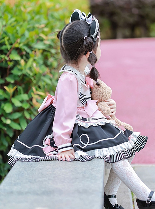 Little Bear Lace Bow Round Neck Puff Sleeves Detachable Apron Classic Lolita Kids Long Sleeve Dress