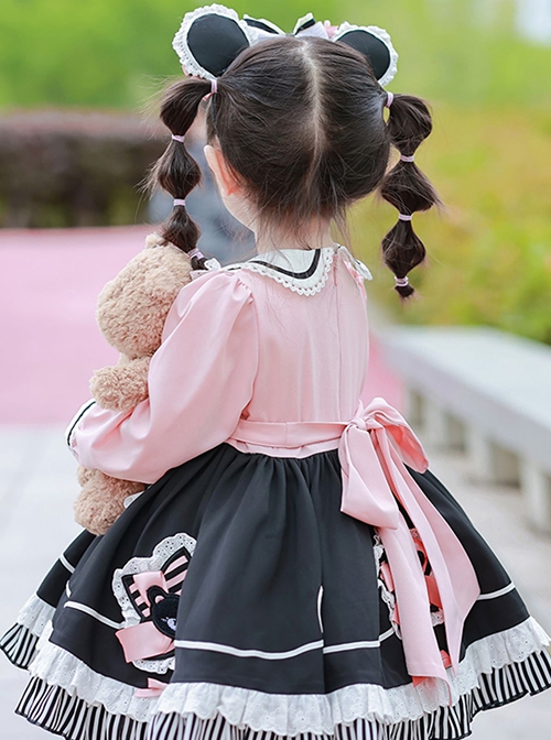 Little Bear Lace Bow Round Neck Puff Sleeves Detachable Apron Classic Lolita Kids Long Sleeve Dress