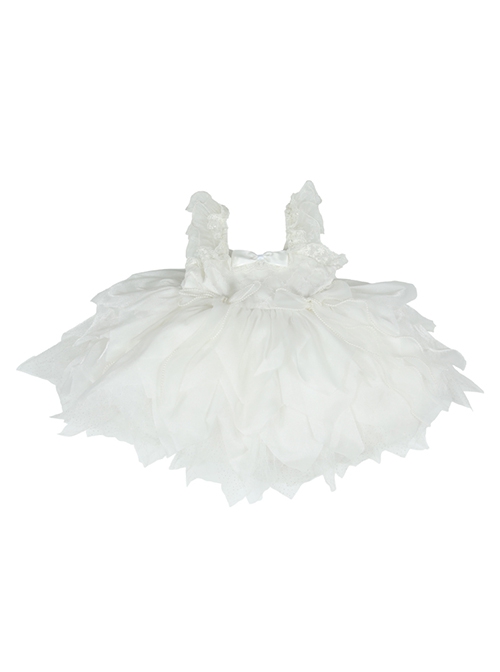 White Rose Rhombus Embroidery Irregular Hem Bow Decoration Classic Lolita Kids Sleeveless Dress