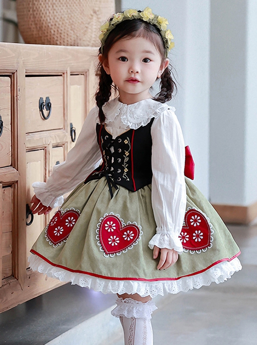 Red Heart Little Flower Embroidery Lacing Classic Lolita Kids Sleeveless Dress