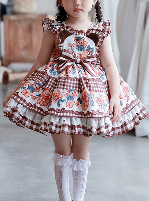 Little Bear Print Stripe Bow Check Print Classic Lolita Kids Sleeveless Dress