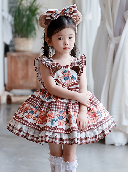 Little Bear Print Stripe Bow Check Print Classic Lolita Kids Sleeveless Dress