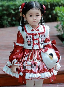 Chinese Style Stand Collar Lace Panda Print Stitching Lantern Sleeve Vest Kids Classic Lolita Long Sleeve Dress Set