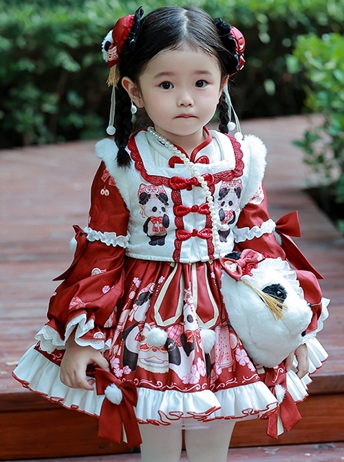 Chinese Style Stand Collar Lace Panda Print Stitching Lantern Sleeve Vest Kids Classic Lolita Long Sleeve Dress Set