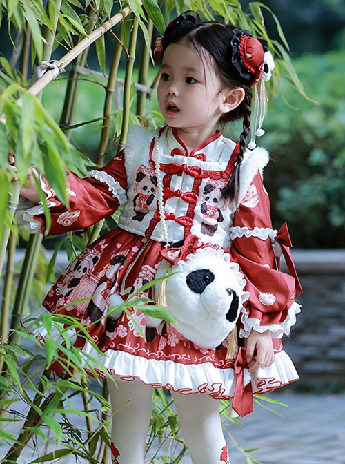 Chinese Style Stand Collar Lace Panda Print Stitching Lantern Sleeve Vest Kids Classic Lolita Long Sleeve Dress Set