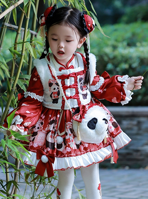 Chinese Style Stand Collar Lace Panda Print Stitching Lantern Sleeve Vest Kids Classic Lolita Long Sleeve Dress Set