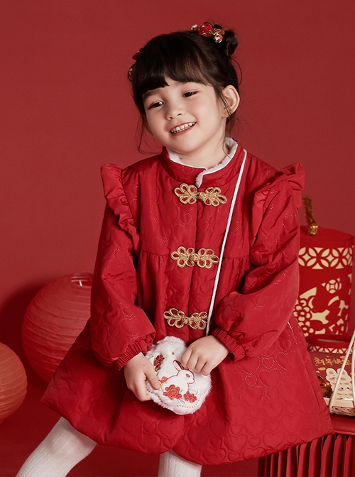 Chinese Style Red Autumn Winter Love Pattern Bunny Embroidered Plush Bag Kids Long-Sleeved Coat