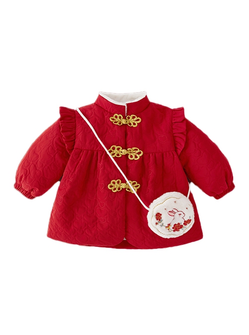 Chinese Style Red Autumn Winter Love Pattern Bunny Embroidered Plush Bag Kids Long-Sleeved Coat