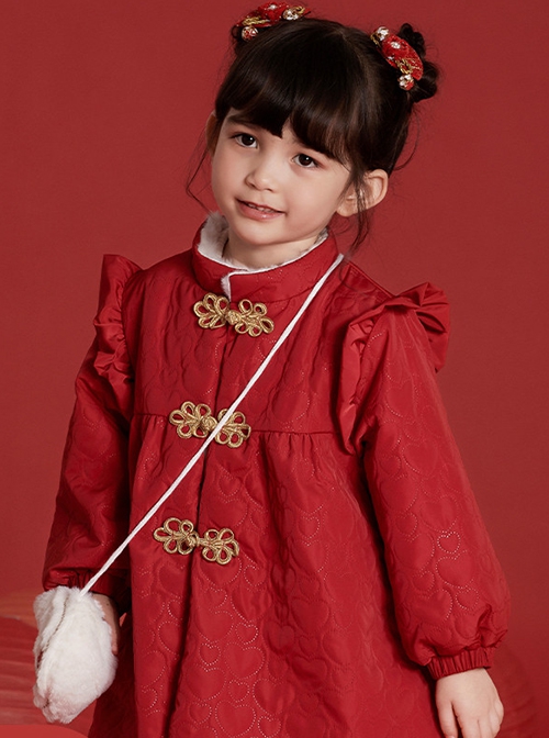 Chinese Style Red Autumn Winter Love Pattern Bunny Embroidered Plush Bag Kids Long-Sleeved Coat
