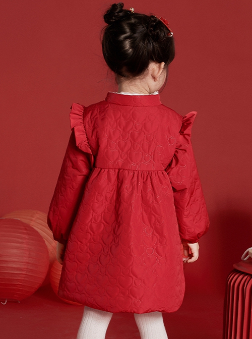 Chinese Style Red Autumn Winter Love Pattern Bunny Embroidered Plush Bag Kids Long-Sleeved Coat