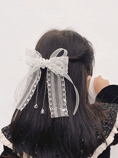 White Lace Bow Ribbon Beads Classic Lolita Kids Hair Clip