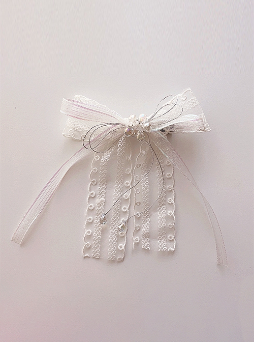 White Lace Bow Ribbon Beads Classic Lolita Kids Hair Clip