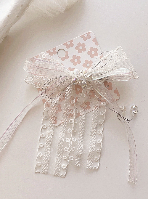 White Lace Bow Ribbon Beads Classic Lolita Kids Hair Clip