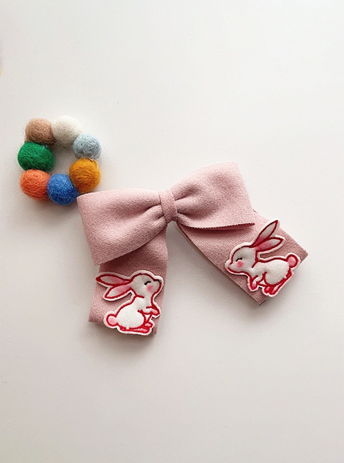 Autumn Winter Cute Embroidery Bunny Symmetrical Decoration Solid Color Bow Classic Lolita Kids Hair Clip