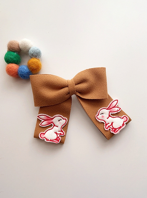 Autumn Winter Cute Embroidery Bunny Symmetrical Decoration Solid Color Bow Classic Lolita Kids Hair Clip