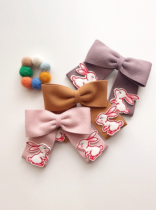 Autumn Winter Cute Embroidery Bunny Symmetrical Decoration Solid Color Bow Classic Lolita Kids Hair Clip