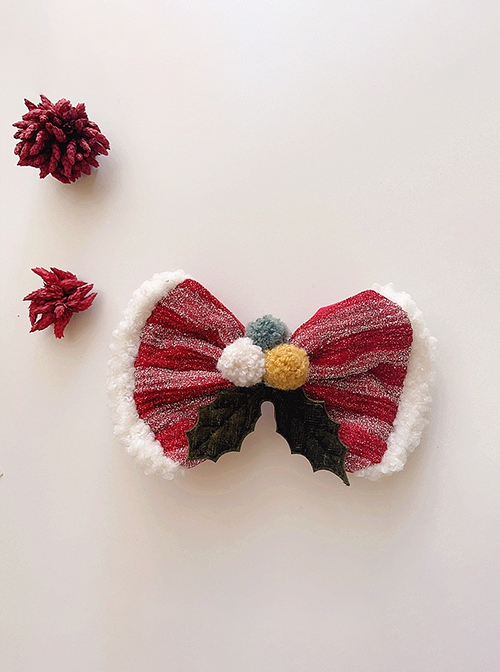 Vintage Christmas Hairball Striped Bow Knot Cute Classic Lolita Kids Hair Clips