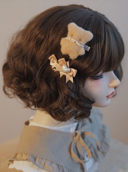 Pure Color Handmade Plush Bear Bow Heart Sweet Lolita Hair Clip