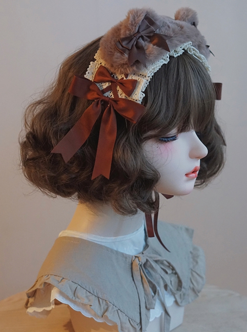 Brown Bow-Knot Frenulum Lace Cute Plush Sweet Lolita Headband