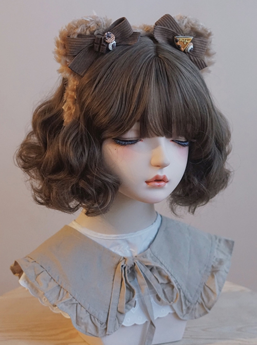 Brown Corduroy Stripe Bow-Knot Plush Bear Ears Snack Decoration Cute Sweet Lolita Headband