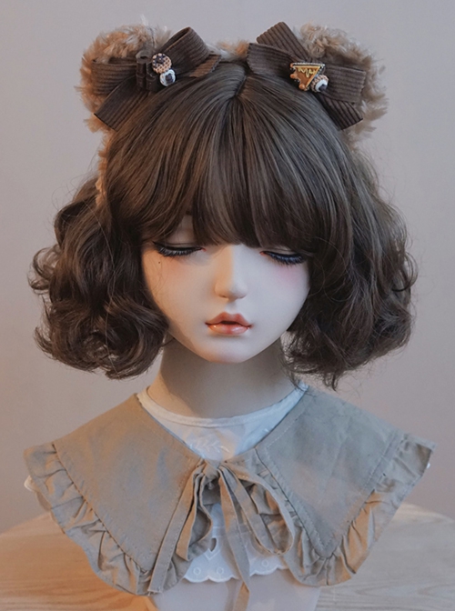 Brown Corduroy Stripe Bow-Knot Plush Bear Ears Snack Decoration Cute Sweet Lolita Headband