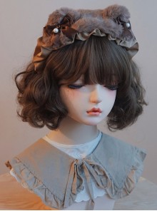 Cute Bear Ears Brown Bow-Knot Satin Ribbon Beads Decoration Sweet Lolita Headband
