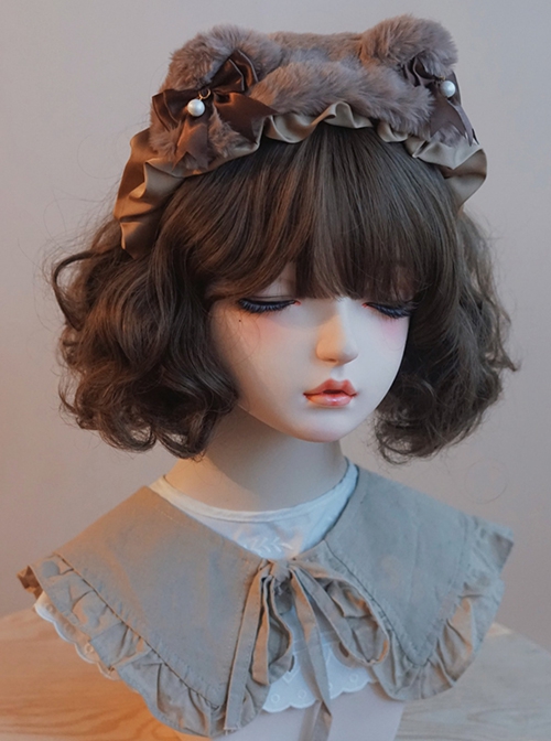 Cute Bear Ears Brown Bow-Knot Satin Ribbon Beads Decoration Sweet Lolita Headband