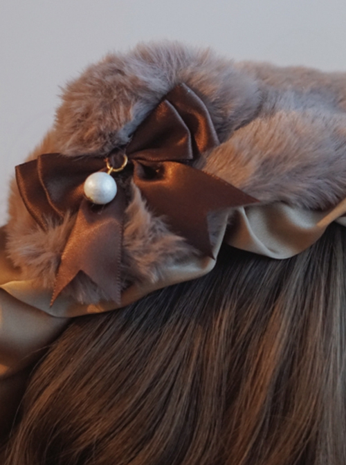 Cute Bear Ears Brown Bow-Knot Satin Ribbon Beads Decoration Sweet Lolita Headband