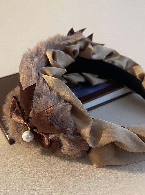 Cute Bear Ears Brown Bow-Knot Satin Ribbon Beads Decoration Sweet Lolita Headband