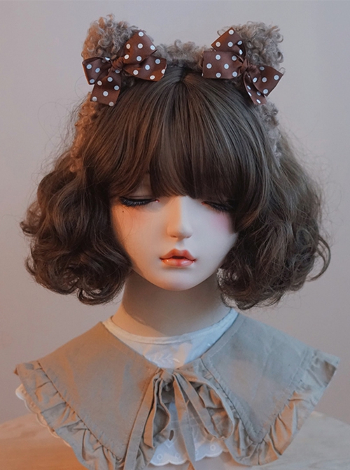 Brown Imitation Lamb Velvet Polka Dot Bow-Knot Cute Bear Ears Sweet Lolita Headband