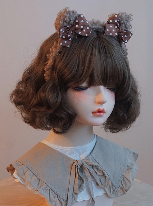 Brown Imitation Lamb Velvet Polka Dot Bow-Knot Cute Bear Ears Sweet Lolita Headband