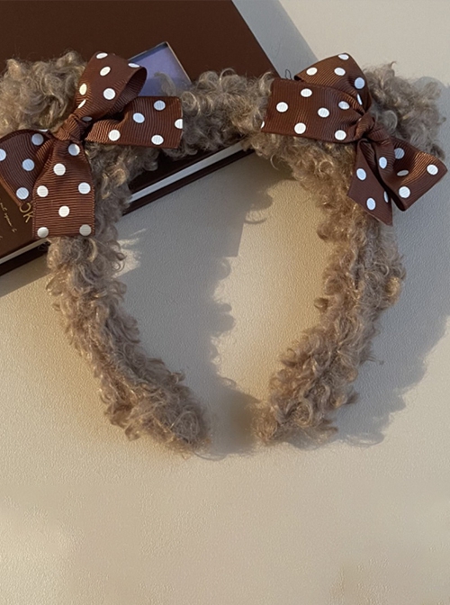 Brown Imitation Lamb Velvet Polka Dot Bow-Knot Cute Bear Ears Sweet Lolita Headband