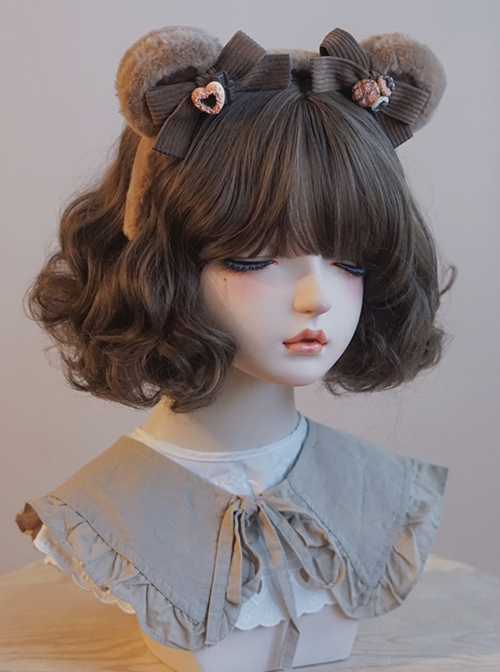 Heart Shaped Snack Chocolate Decorate Brown Corduroy Bow Plush Bear Ears Sweet Lolita Headband