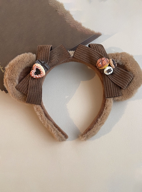 Heart Shaped Snack Chocolate Decorate Brown Corduroy Bow Plush Bear Ears Sweet Lolita Headband